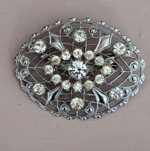 Silvertone Brooch Vintage Style Filigree  Rhinestones Unsigned